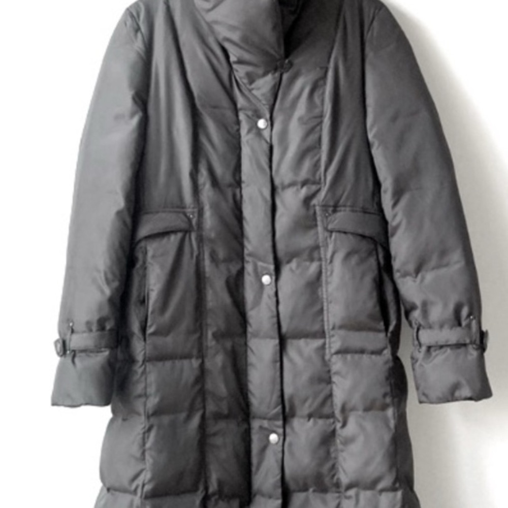 cole haan duvet puffer down coat pillow shawl collar dark brown long longline